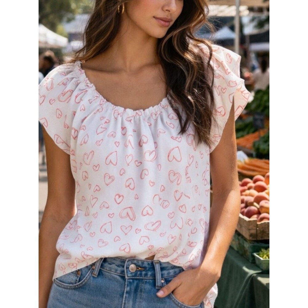 LC Lauren Conrad Blue Top with Pink Heart Print Flutter Sleeves and Back Bow